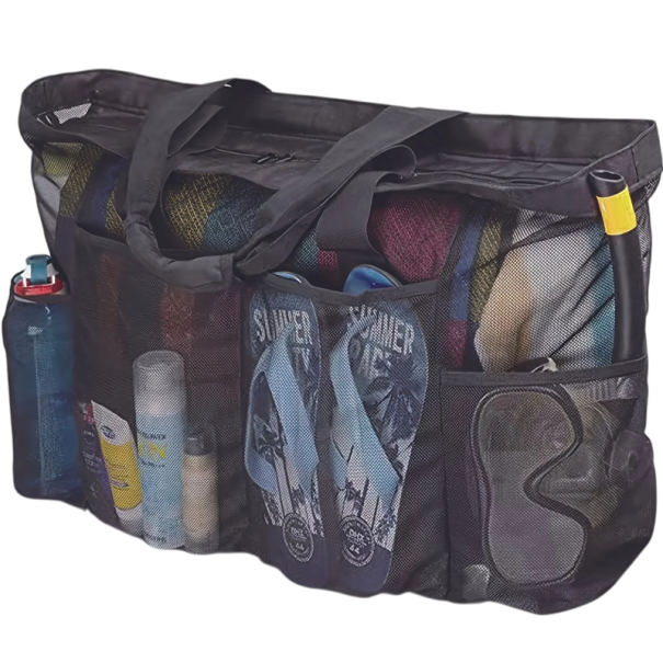 Netz-Strandtasche, 60 x 45 x 22 cm, extragroße Nylontasche, atmungsaktive, tragbare Tasche mit Reißverschluss und Taschen, Aufbewahrungstasche 1