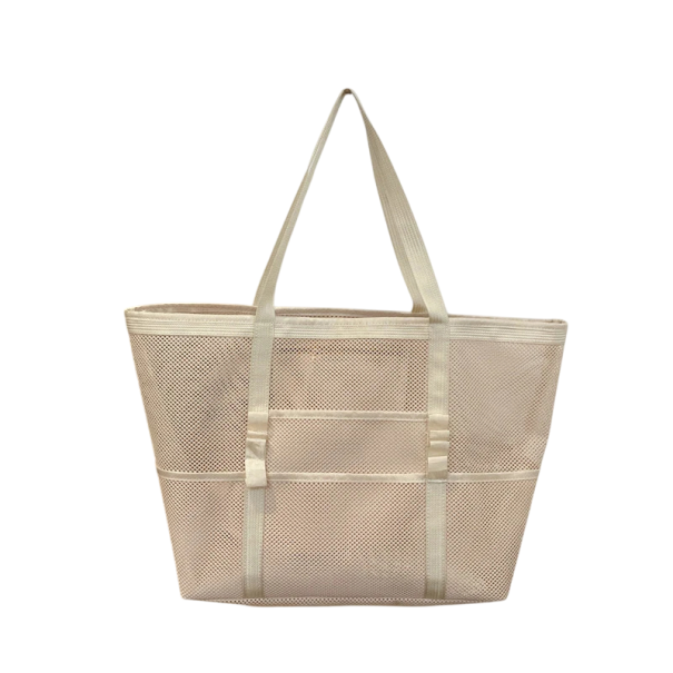 Netz-Umhängetasche 55 x 35 x 19 cm Große Tasche mit Taschen für Strand, Einkaufen und Schwimmen Sommerliche tragbare Tasche mit Griffen beige