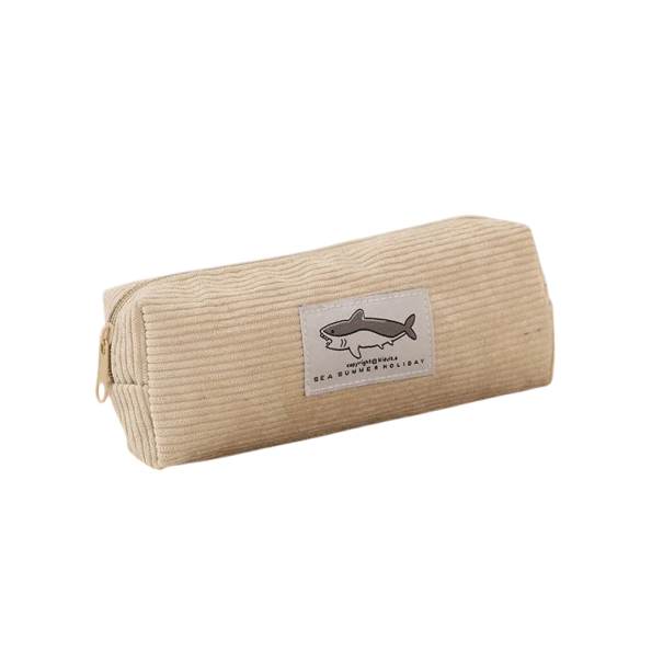 Niedliches Federmäppchen mit Hai-Motiv, besticktes Federmäppchen, Stofftasche für Kinder und Mädchen, Schulanfang, Schreibtischzubehör, Geschenk beige