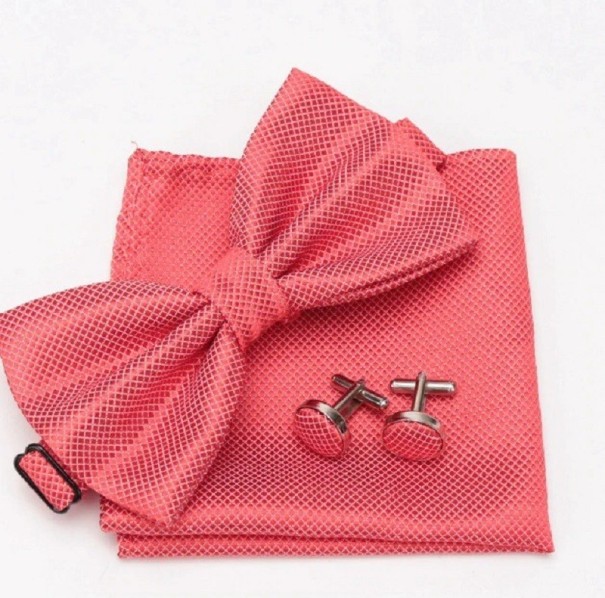 Nœud papillon pour homme, poche et boutons de manchette rouge clair