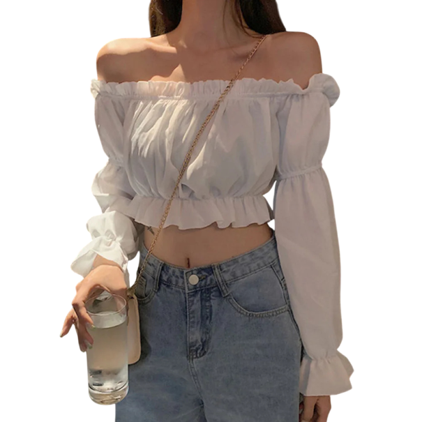 Női crop top fodros és szabadon hagyott vállakkal Elegáns hosszú ujjú blúz Rugalmas derék Stílusos nyári felső szabadidőre és bulikra fehér XL