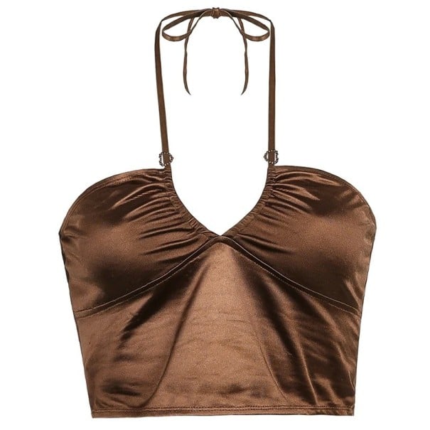 Női Crop Top Tíló Barna V-kivágású Vékony Pántos Nyakú Stílusos Nyári Tíló Poliészter Spandex L