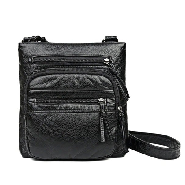 Női crossbody táska több cipzáras zsebbel Válltáska PU bőrből és pamutból Ráncos bőr hatás Méretek 25 x 23 x 5 cm fekete