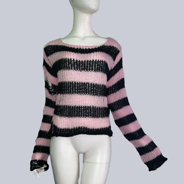 Női csíkos pulóver szakadással rózsaszín