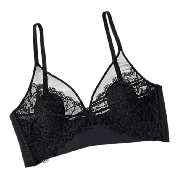 Női csipkés bralette melltartó merevítő nélkül V kivágással és áttetsző hálós résszel széles alsó pánttal és vékony pántokkal fekete S/M