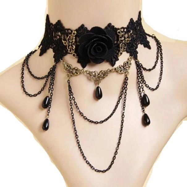 Női csipkés choker virággal és lógó láncokkal, 32 + 5 cm-es záródással, fekete csipke nyaklánc, elegáns kiegészítő 1