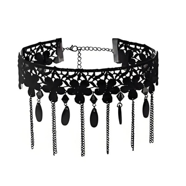 Női csipkés choker virágmintával és lógó láncokkal, 32 + 5 cm hosszúságú, fekete csipke nyaklánc kiegészítő 1