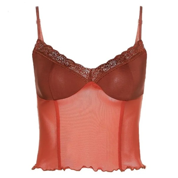 Női csipkés top Crop Top piros V kivágással Vékony pántok Félig átlátszó nyári top poliészter spandex S