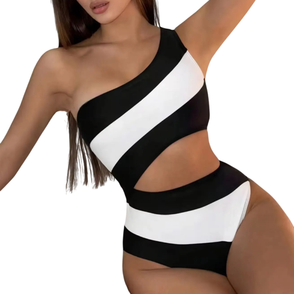Női egyrészes fürdőruha Egy vállon Aszimmetrikus Csíkos Poliészter Spandex Modern nyári strandfürdőruha a medencéhez fekete XS