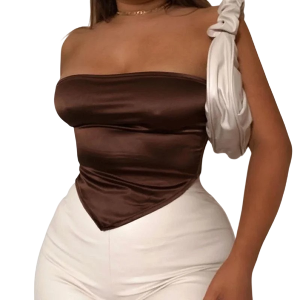 Női egyszínű Crop top Pánt nélküli O nyakú Poliészter spandex rugalmas modern nyári top barna L