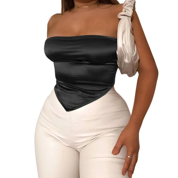 Női egyszínű Crop top Pánt nélküli O nyakú Poliészter spandex rugalmas modern nyári top fekete S