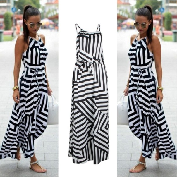 Női fekete-fehér hosszú ruha nyomtatással XL