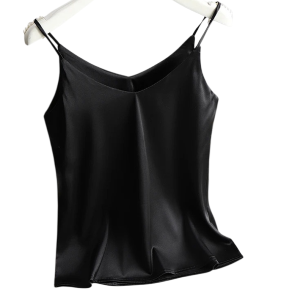 Női felső V-kivágással Tenká pántok Egyszínű elegáns felső poliészter és selyem keverékből a könnyű nyári viselethez fekete S