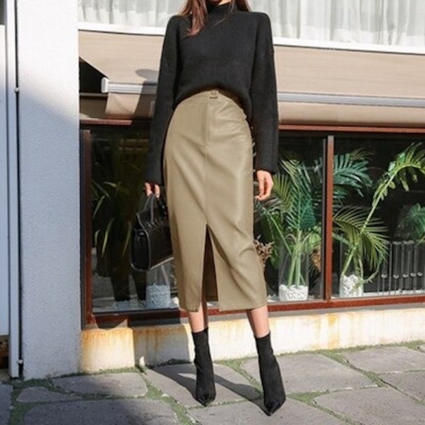 Női hosszú bőrszoknya hasított khaki L