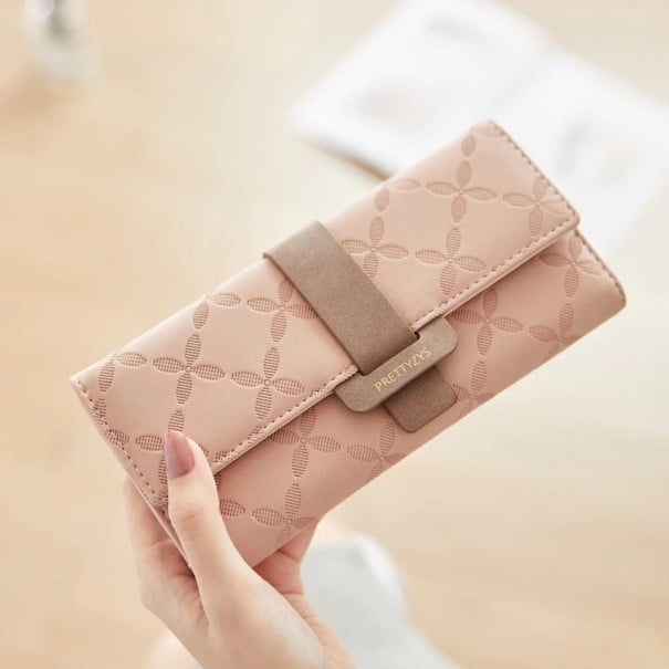 Női hosszú pénztárca hajtókával és csattal Eltérő árnyalatú öv Domborított virágminta Műbőr PU 19 x 9,5 x 2,3 cm sárgabarack