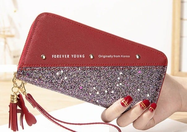 Női hosszú pénztárca kövekkel Csillogó alsó rész Cipzáras zárás Csuklópánt Díszes medál PU bőr 20 x 10 x 3 cm piros