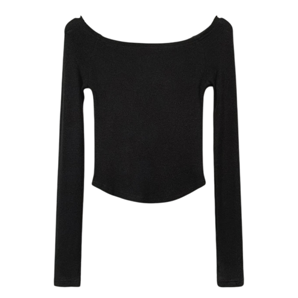 Női hosszú ujjú felső, váll nélküli, rugalmas crop top, karcsúsított szabású póló, elegáns, lezser, derékkal díszített, karcsúsított felső fekete