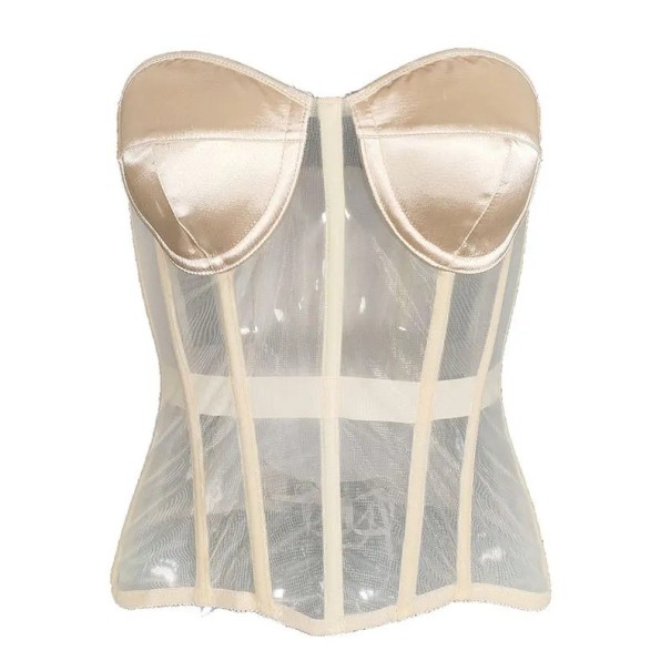 Női korzet pántok nélkül Félig átlátszó fényes O nyakú Hátsó fűzés Poliészter Spandex Elegáns top bézs XXS