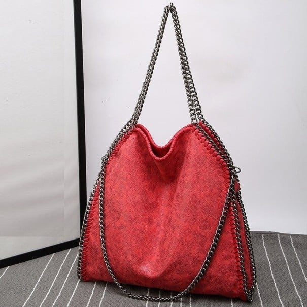 Női nagy válltáska láncos fogantyúkkal Puha tágas táska fém láncos szegéllyel PU bőr 40 x 38 x 12 cm piros