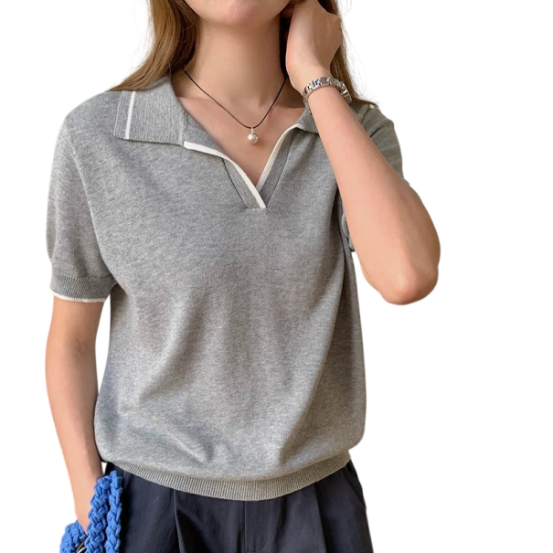 Női póló Rövid ujjú V-kivágás Gallér Gombok Egyszínű Pamut Kényelmes Elegáns Casual Top Nyári Tavaszi szürke XL