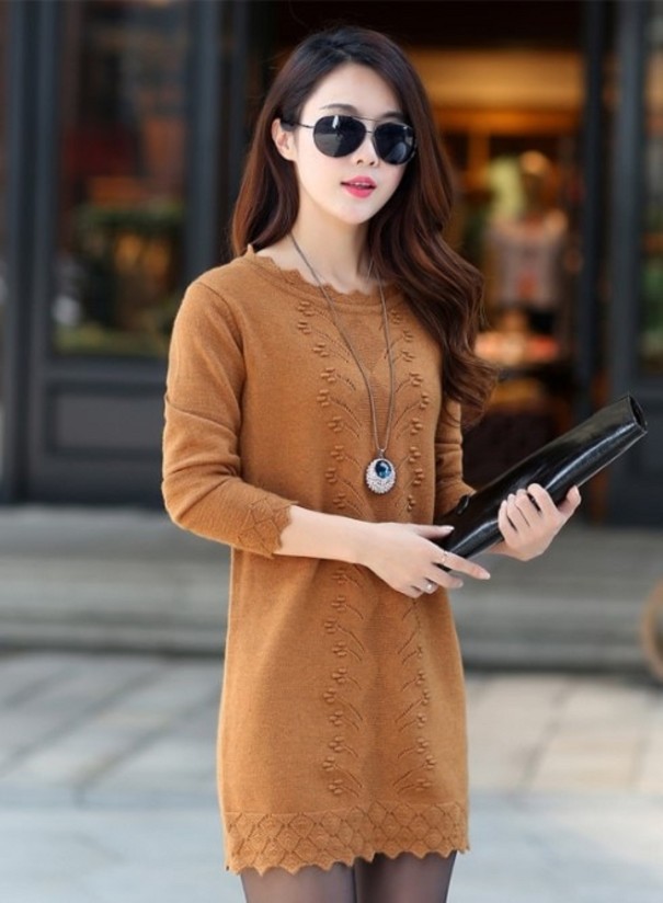 Női pulóver miniruha világos barna S