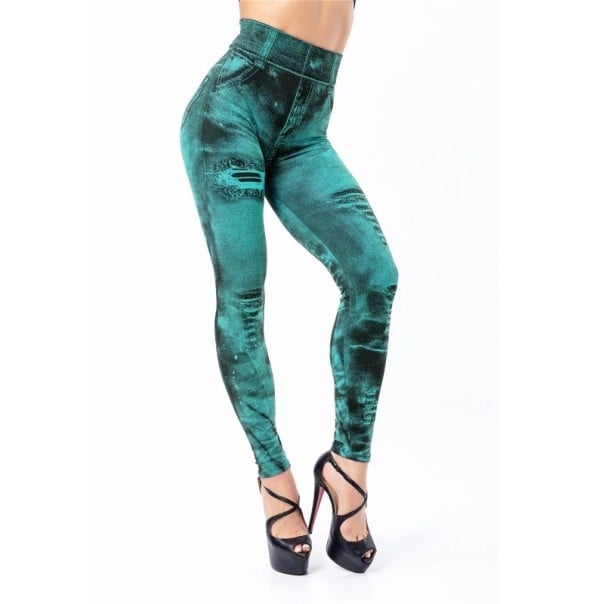 Női push-up leggings farmermintával, magas derekú, farmerhatású leggings, alakformáló leggings, kényelmes, rugalmas leggings hétköznapi viseletre zöld M