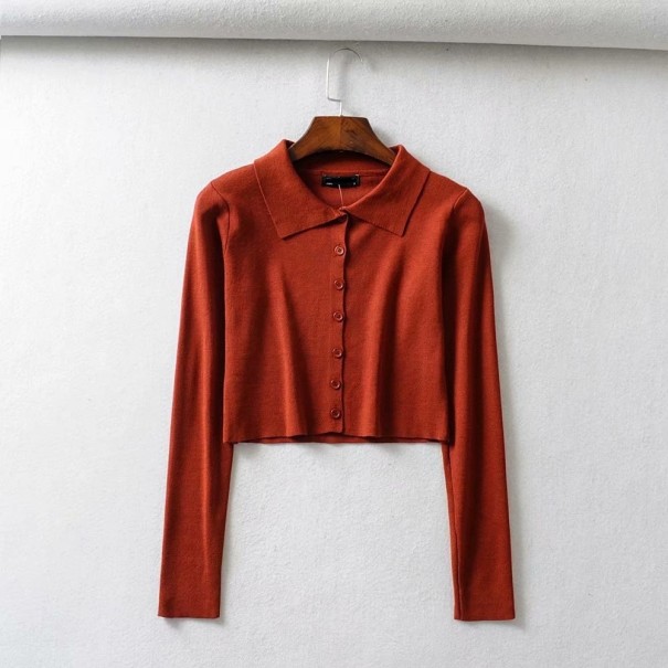 Női rövid pulóver gallérral tégla S