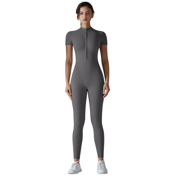 Női sportos overál rövid ujjú Cipzárral a nyakban Testhezálló leggings Egyszínű Nylon Spandex Fitnesz ruházat szürke XL