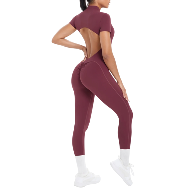 Női sportos overál rövid ujjú Nyitott hát Zip a dekoltázsnál Testhez simuló leggings Egyszínű Nylon Spandex burgundia XL