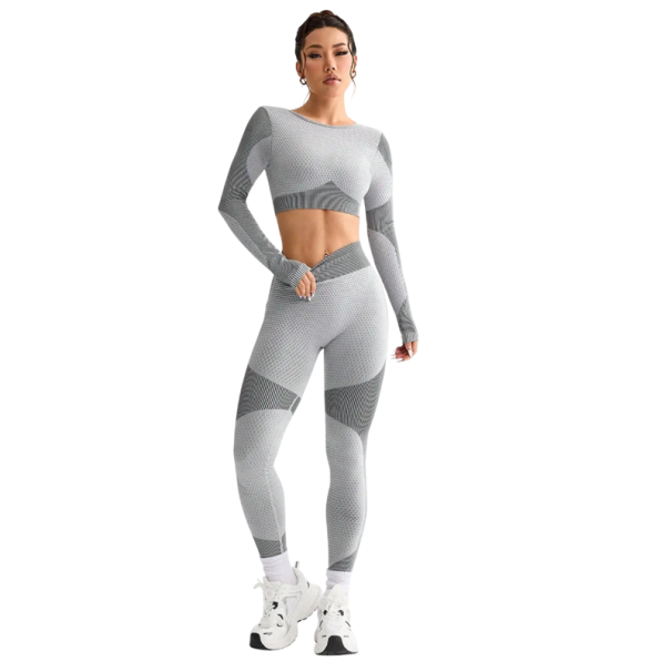 Női sportos szett Leggings és crop top hosszú ujjal Egyszínű fitness szett nylonból és poliészterből szürke M