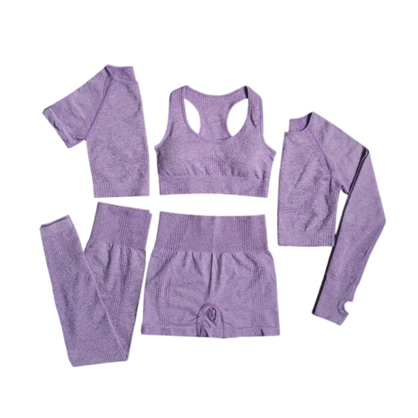 Női sportos szett Leggings, rövidnadrág, sportmelltartó, póló rövid és hosszú ujjú Egyszínű fitness szett lila S