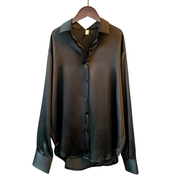 Női szatén blúz hosszú ujjal Elegáns ing Laza szabású Gombos záródás Könnyű, fényes anyagból nappalra és estére fekete XL