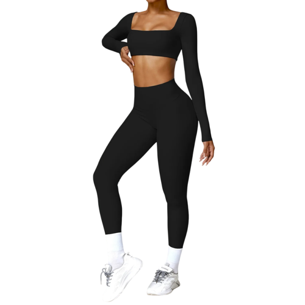 Női szett leggings és hosszú ujjú crop felső, egyszínű, spandex, nylon fekete M