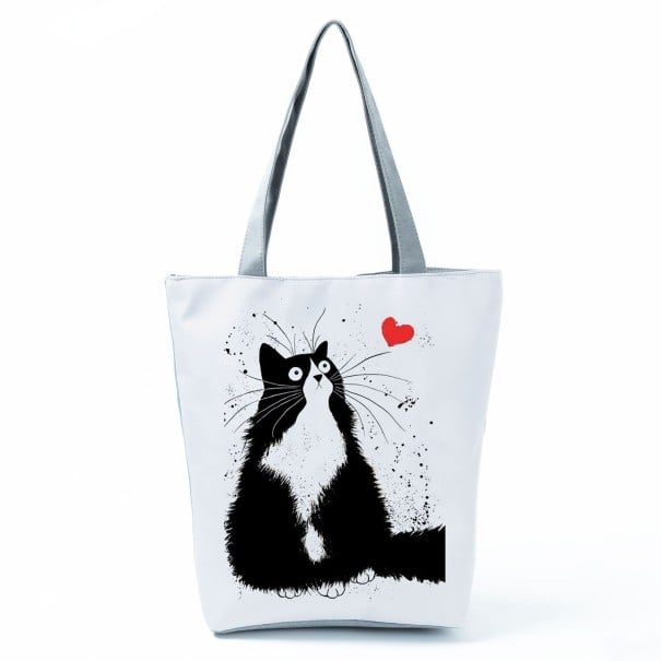 Női táska poliészterből macska mintával 27 x 37 x 8 cm Vásárlótáska szürke fülekkel és szürke aljjal Vásárlásra és mindennapi használatra 1