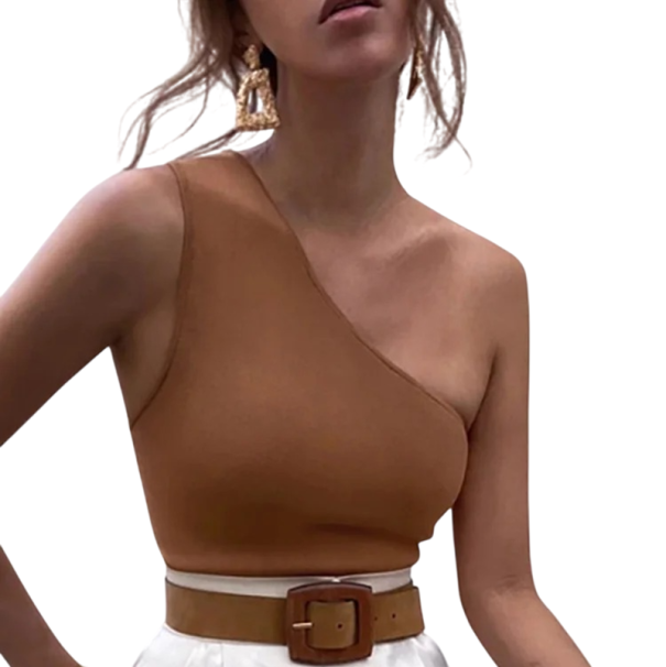 Női trikó Egyszínű aszimmetrikus Egy vállra Crop top Anyag poliészter pamut Modern nyári top nőknek barna L