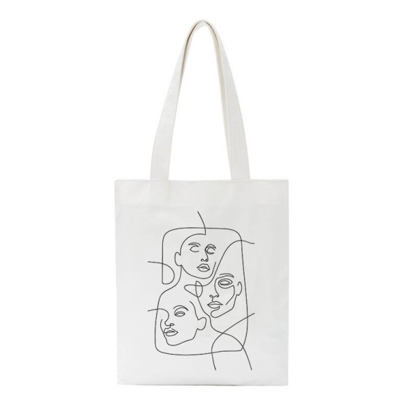 Női vászontáska minimalista arcrajzzal Vásárlótáska 35 x 40 cm Fülek 30 cm Fehér táska finom vonalas illusztrációval 1