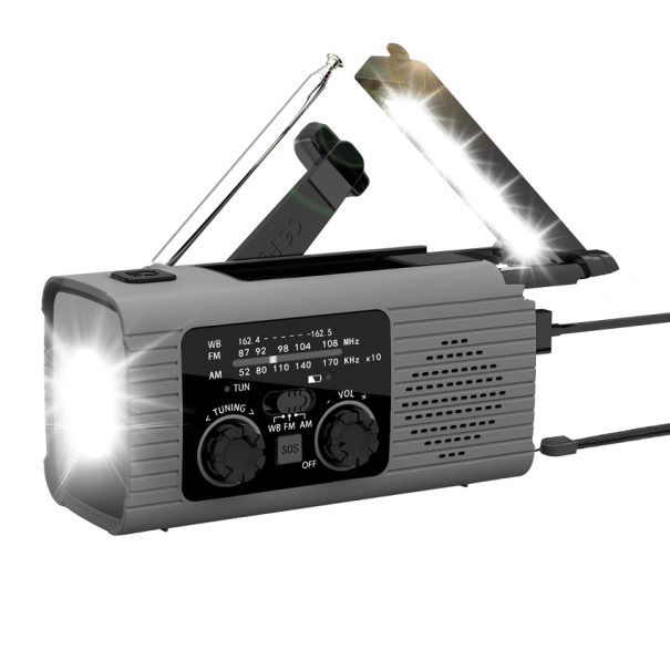 Nouzové rádio se svítilnou a powerbankou Přenosné rádio AM/FM Bezdrátové rádio LED svítilna Powerbanka Multifunkční rádio Voděodolné 13,5 x 5,8 x 6,8 cm šedá