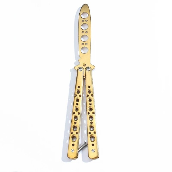 Nóż Balisong motyl treningowy 22 cm Tępe ostrze Bezpieczny nóż do ćwiczenia sztuczek Stalowy składany motyl dla początkujących i zaawansowanych złoto