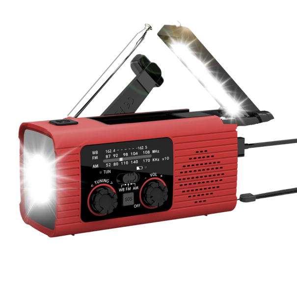 Núdzové rádio so svietidlom a powerbankou Prenosné rádio AM/FM Bezdrôtové rádio LED svietidlo Powerbanka Multifunkčné rádio Vodeodolné 13,5 x 5,8 x 6,8 cm červená