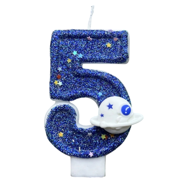 Number 5 Birthday Candle with Sparkling Space Theme Blue Birthday Candle with Stars and Planet Decoration for Birthday Cake 1