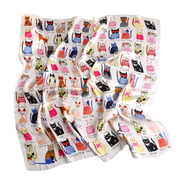 Nyári selyem négyzetes sál 90 x 90 cm Szatén sál kočičí mintával nőknek Nyakra, hajba, táskára Strand divat fehér