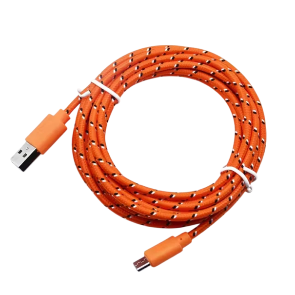 Nylon hurtigopladningskabel med Micro USB og USB A på 3 m til opladning og datasynkronisering. 2,4A ekstra langt, holdbart, flettet kabel. orange