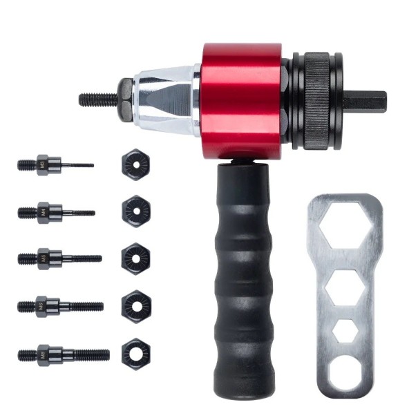 Nýtovací pistole adaptér M3 M4 M5 M6 M8 šestihranná stopka hliníková slitina černo červená pro vrtačku a nýtovací matice 1