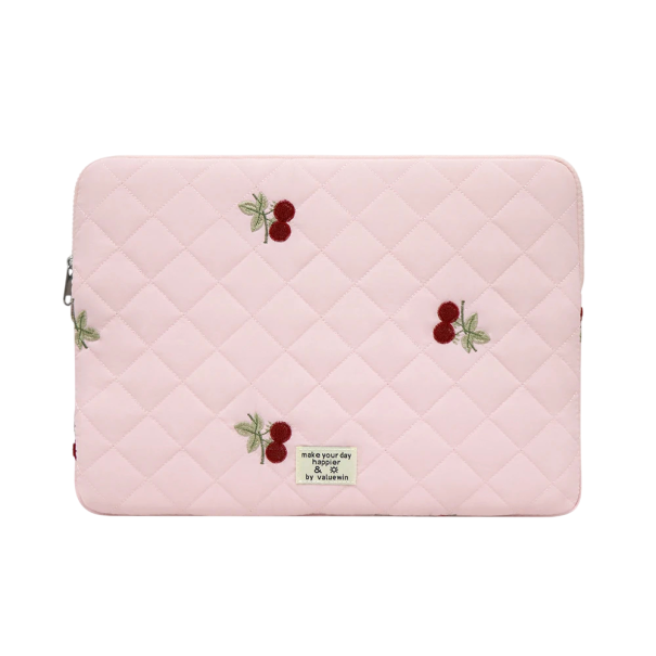 Obal na notebook s vyšívanými třešněmi a dvojitým zipem 29 x 21 cm prošívaný s měkkým polstrováním růžový pro tablety 11 palců do školy 1