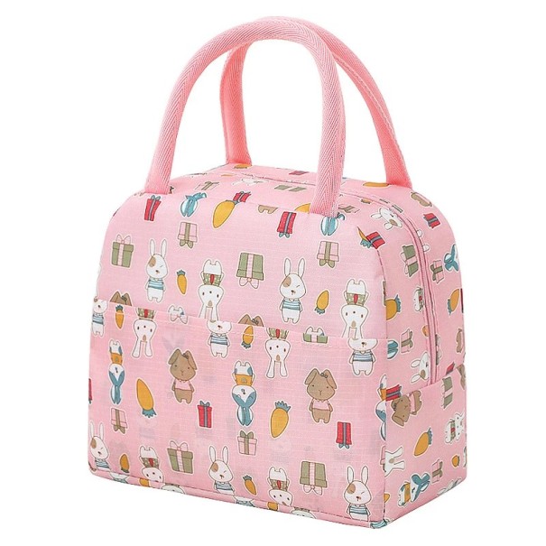 Obedová termo taška s motívom králikov 23x13x19 cm ružová zelená izolačná chladiaca taška na jedlo a nápoje ružová