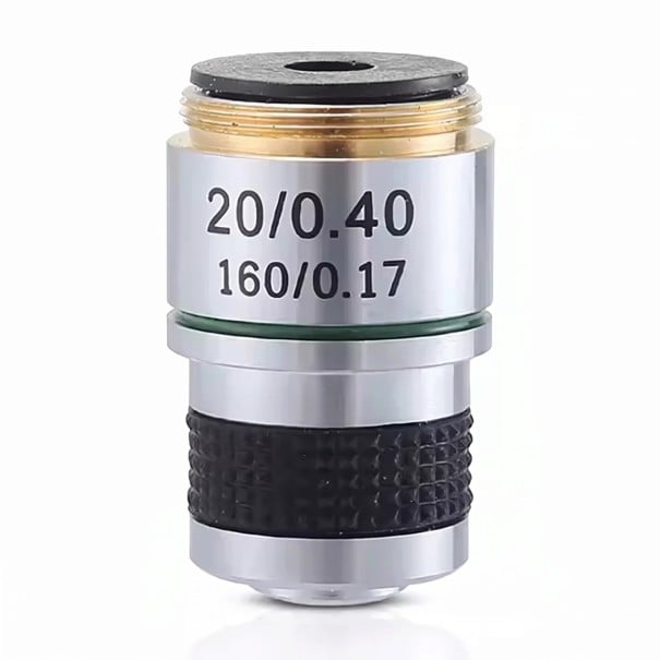 Objetivo 20x con revestimiento plateado y corrección acromática para microscopio biológico con apertura 0,40 y distancia conjugada de 185 mm 1