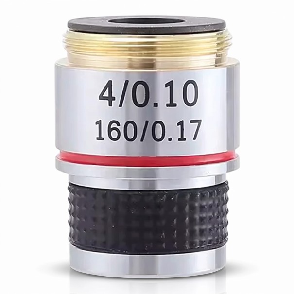 Objetivo achromático 4x para microscopio biológico con apertura 0,10 para tubo de 160 mm y distancia conjugada de 185 mm en color plateado 1