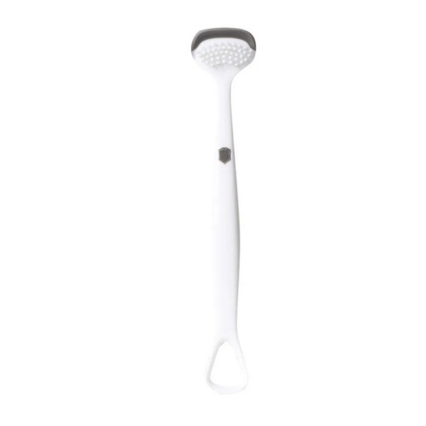 Obojstranná škrabka na jazyk 16 x 3 cm Hygienický čistič jazyka so dvoma typmi povrchu a očkom Ergonomická pomôcka pre ústnu hygienu biela