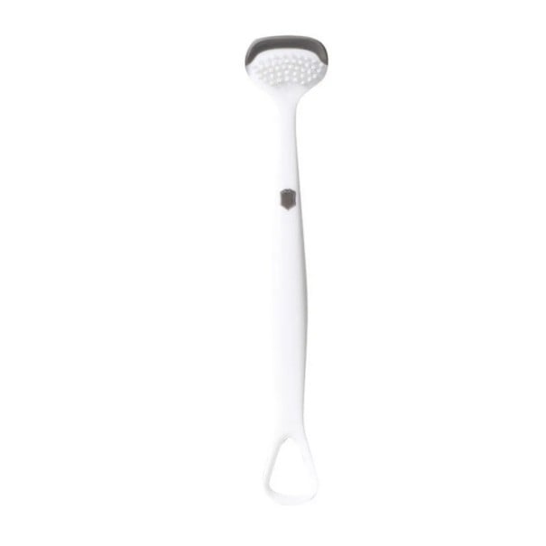 Oboustranná škrabka na jazyk 16 x 3 cm Hygienický čistič jazyka se dvěma typy povrchu a očkem Ergonomická pomůcka pro ústní hygienu bílá