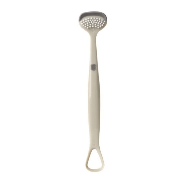 Oboustranná škrabka na jazyk 16 x 3 cm Hygienický čistič jazyka se dvěma typy povrchu a očkem Ergonomická pomůcka pro ústní hygienu šedá